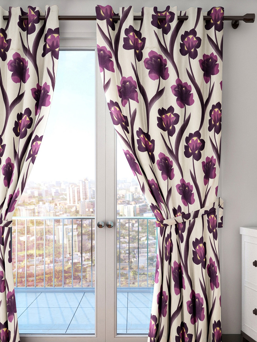 

HOUZZCODE Off-White & Purple Floral Single Long Door Curtain