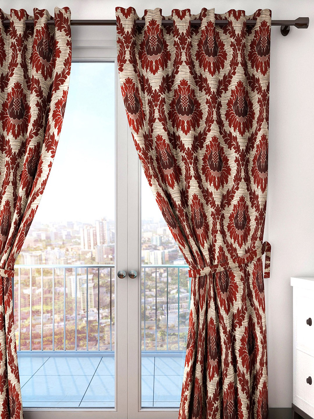 

HOUZZCODE Maroon & Beige Damask Long Door Single Curtain