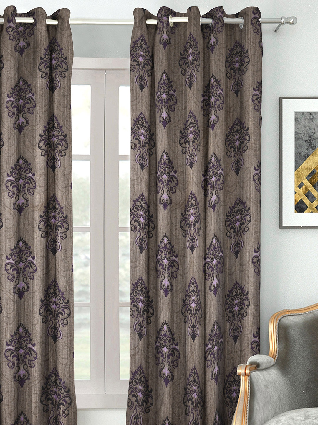 

HOUZZCODE Beige & Purple Jacquard Single Window Curtain