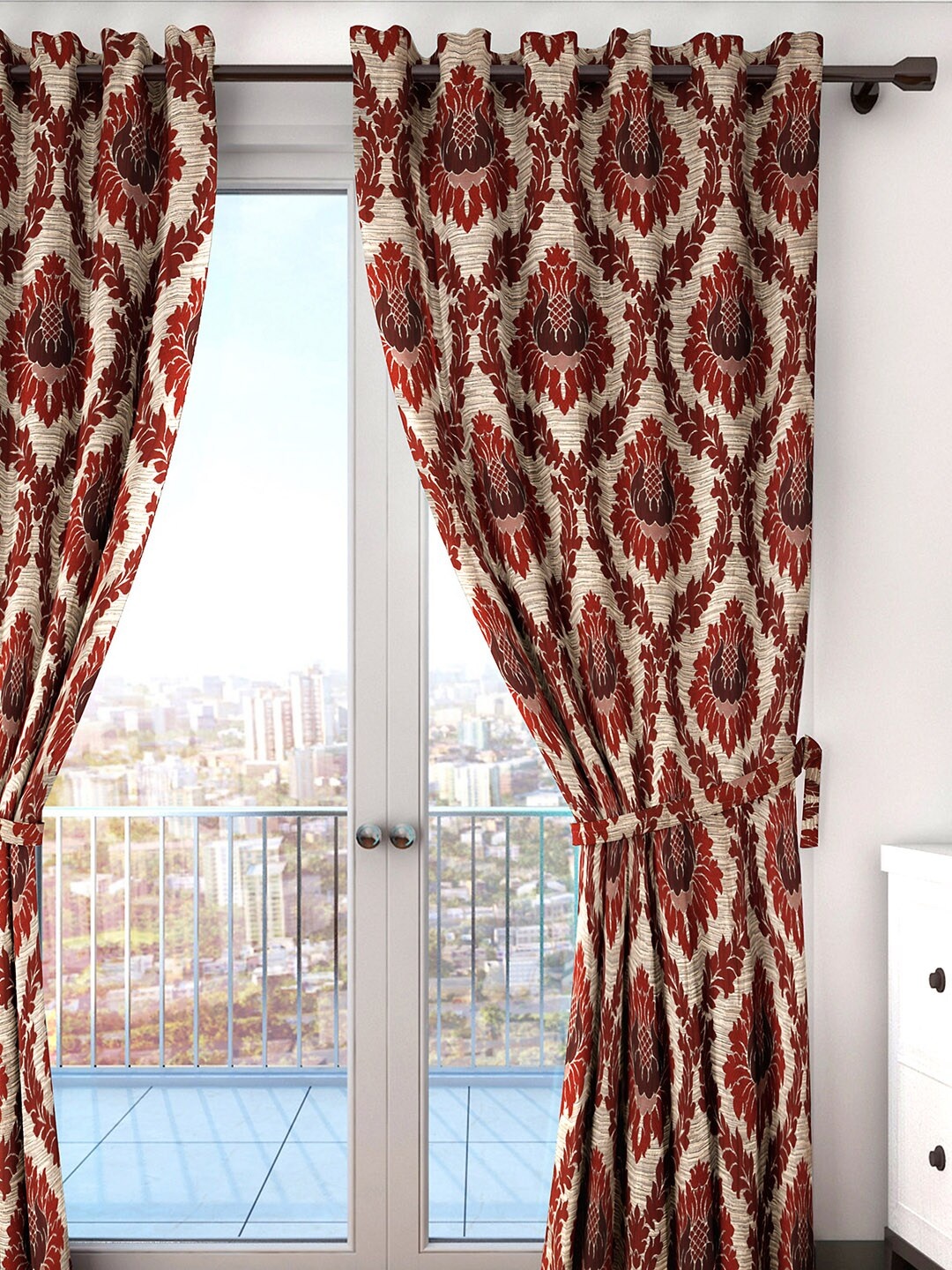

HOUZZCODE Maroon & Beige Damask Single Door Curtain