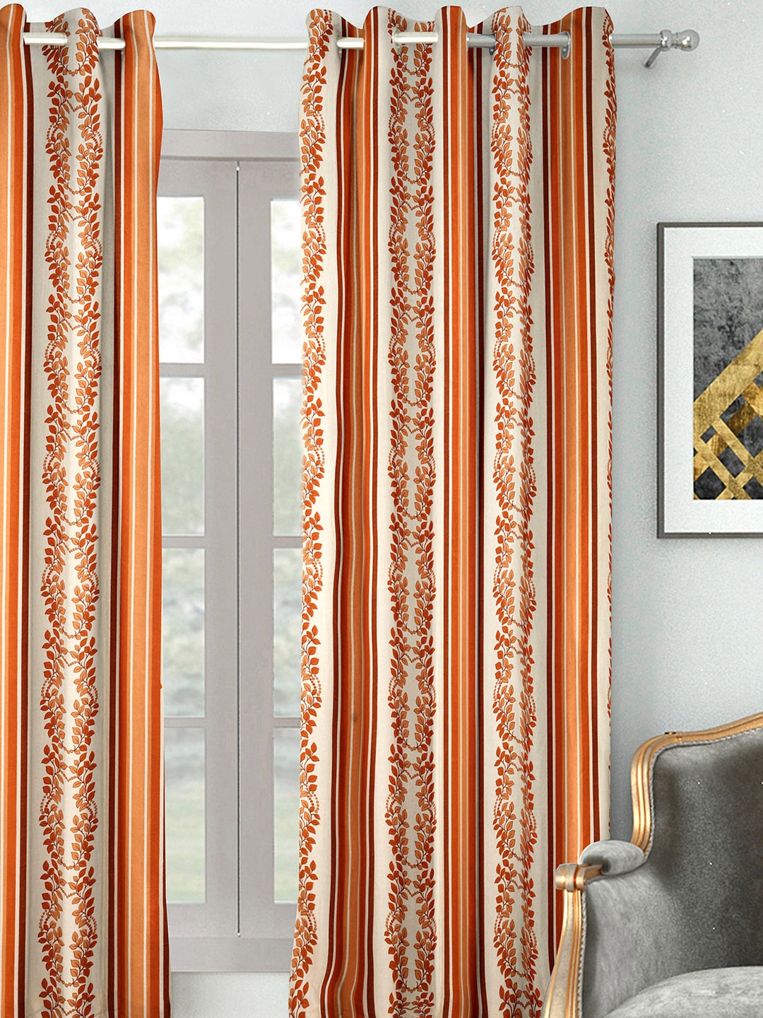 

HOUZZCODE Off-White & Orange Ethnic Single Window Curtain