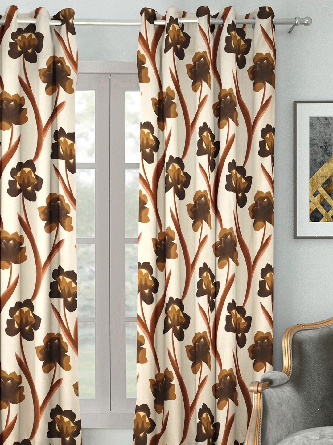 

HOUZZCODE Cream-Coloured & Brown Printed Single Window Curtain