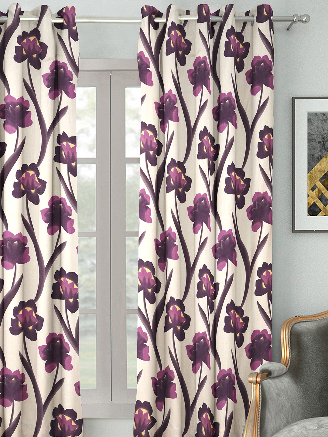 

HOUZZCODE Off-White & Purple Printed Single Window Curtain