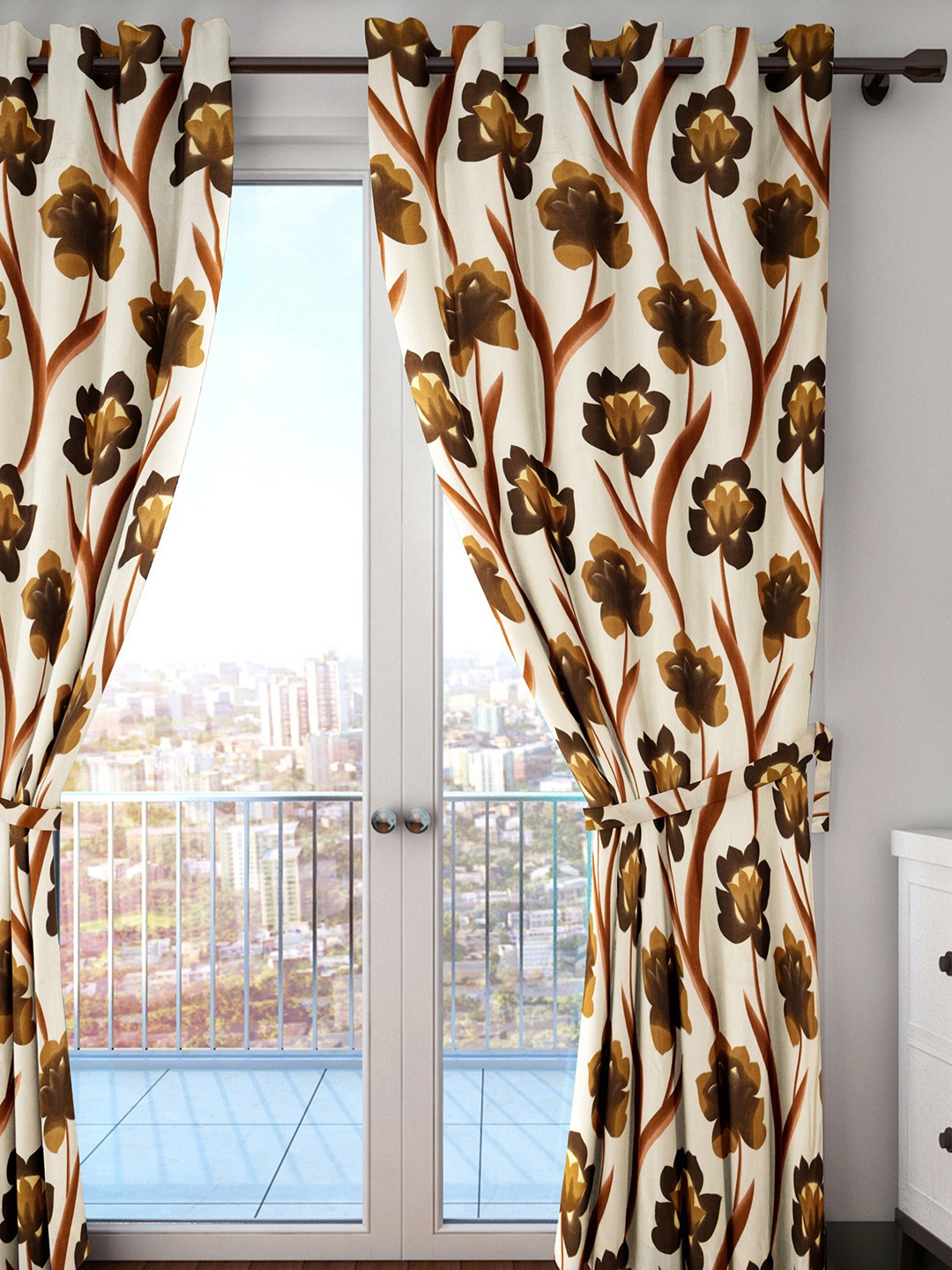 

HOUZZCODE Cream-Coloured & Brown Printed Single Door Curtain