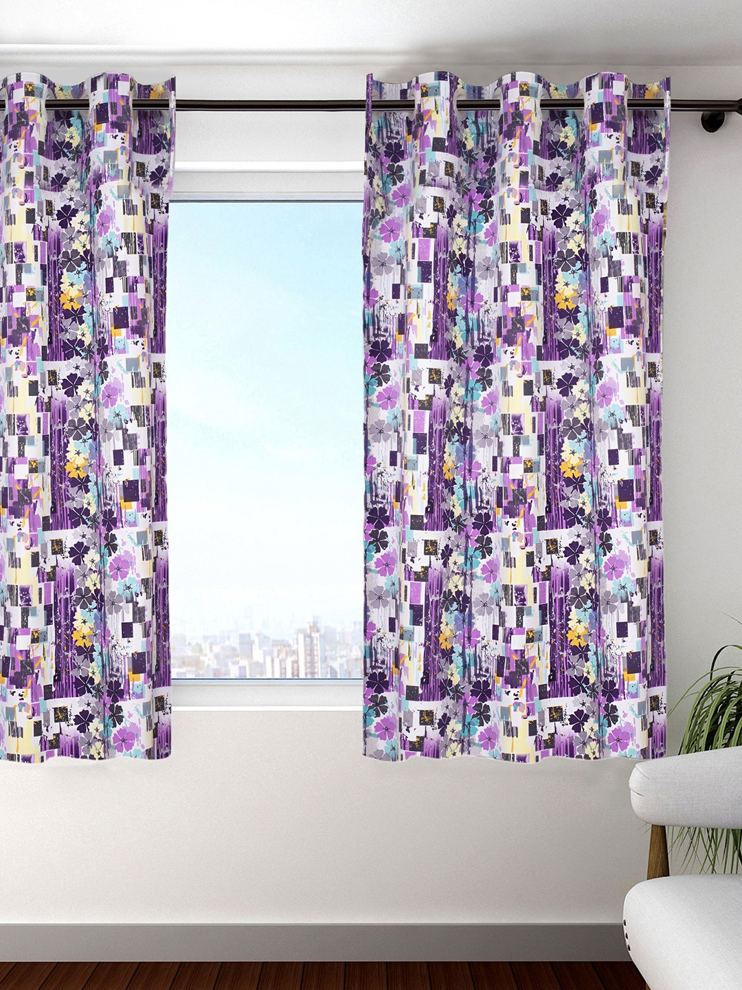 

HOUZZCODE Purple & Off-White Printed Single Window Curtain