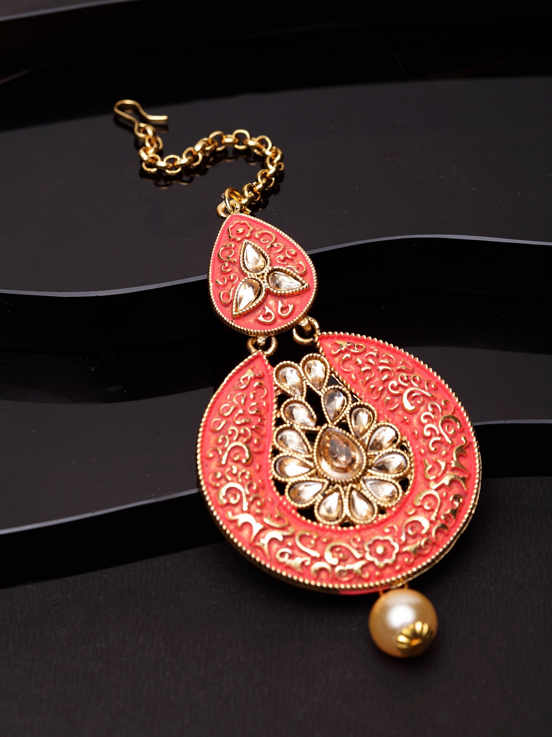 

ANIKAS CREATION Gold-Plated & Coral Red Stone Studded Enameled Hand Painted Maang Tikka