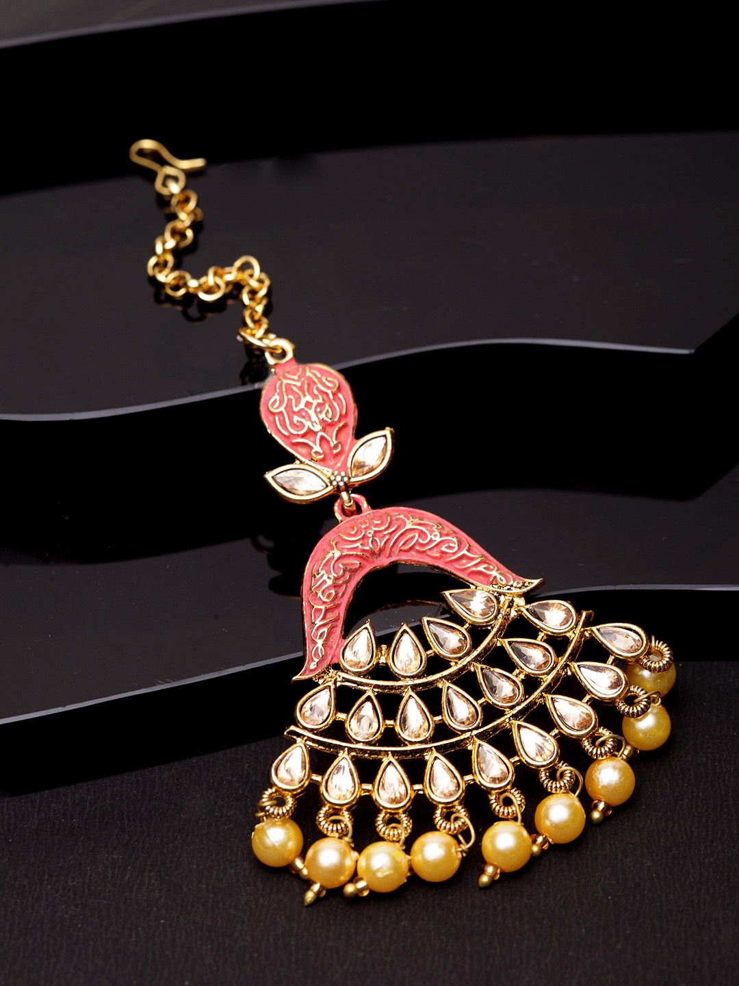 

ANIKAS CREATION Gold-Plated & Pink Stone Studded Enameled Hand Painted Maang Tikka