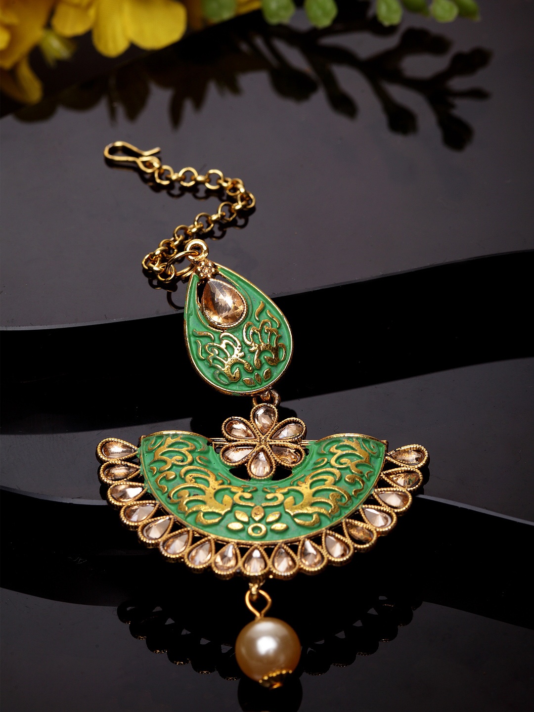 

ANIKAS CREATION Gold-Plated & Green Stone Studded Enameled Hand Painted Maang Tikka