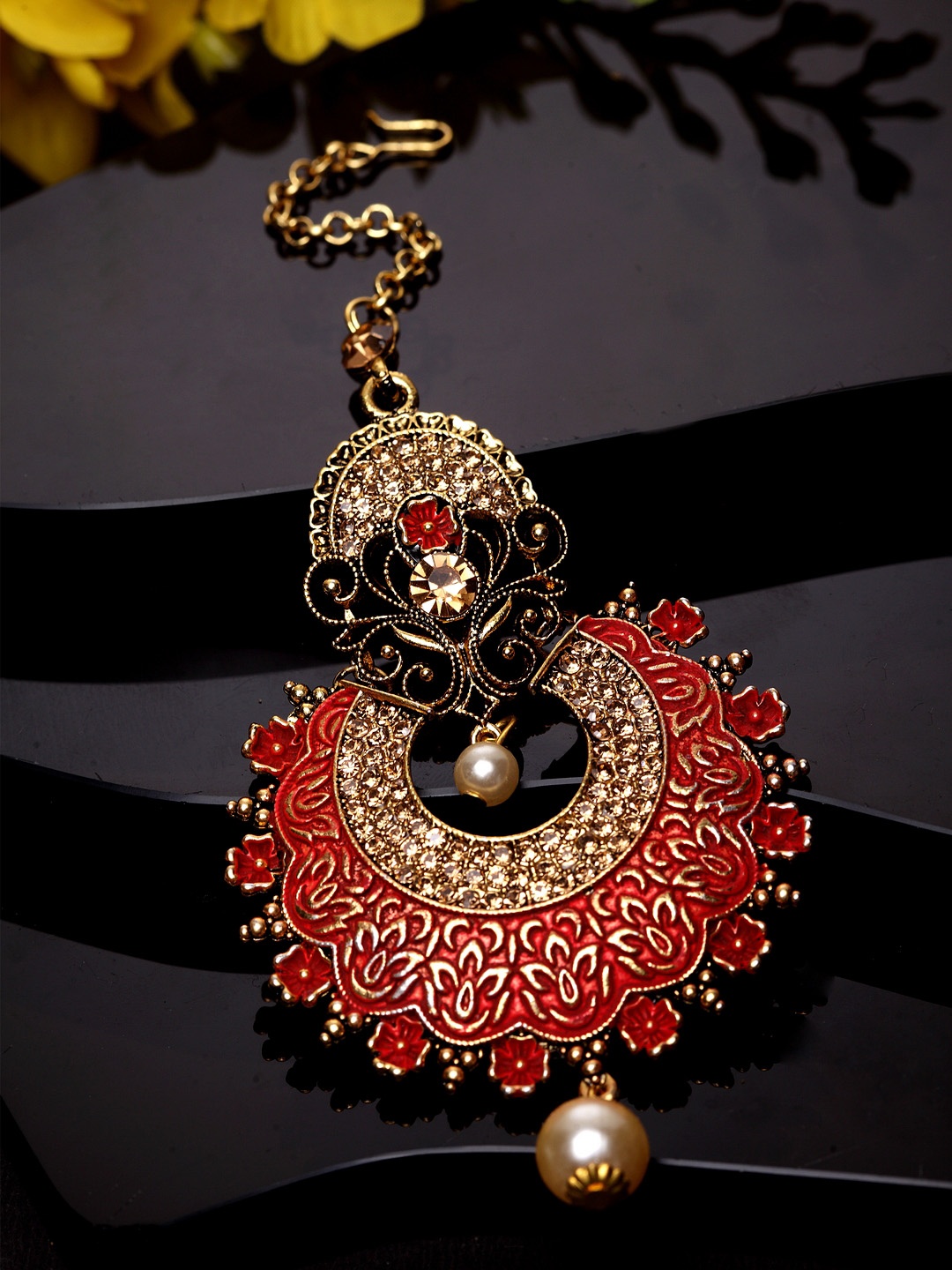 

ANIKAS CREATION Gold-Plated & Red Stone Studded Enameled Hand Painted Maang Tikka