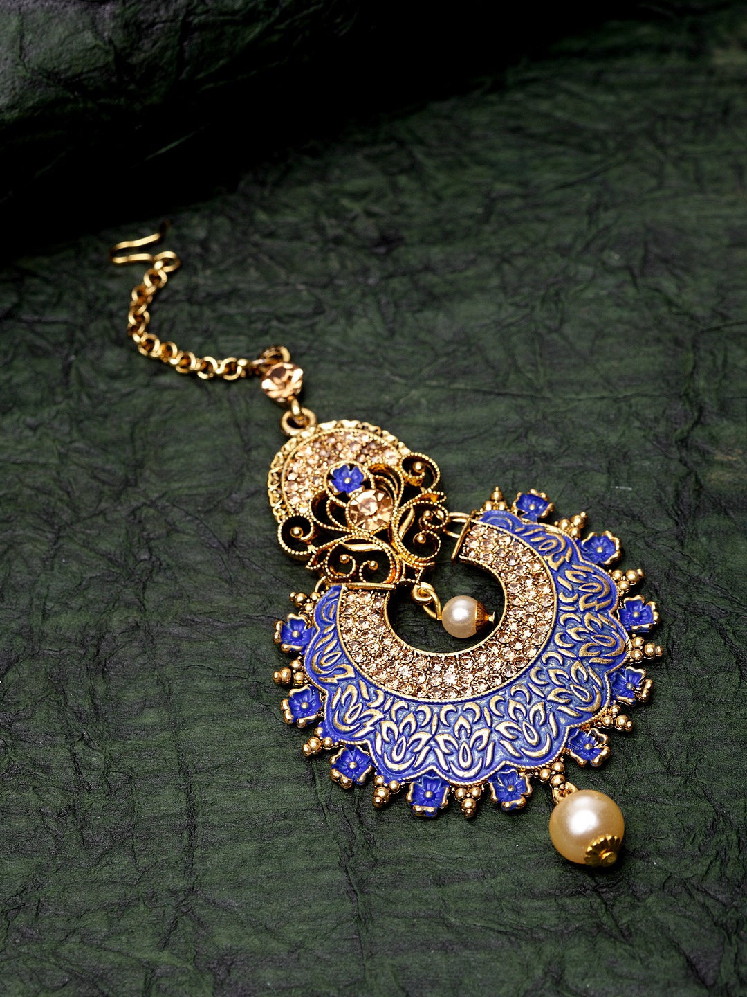 

ANIKAS CREATION Gold-Plated & Blue Enamelled Hand-Painted Maang Tika