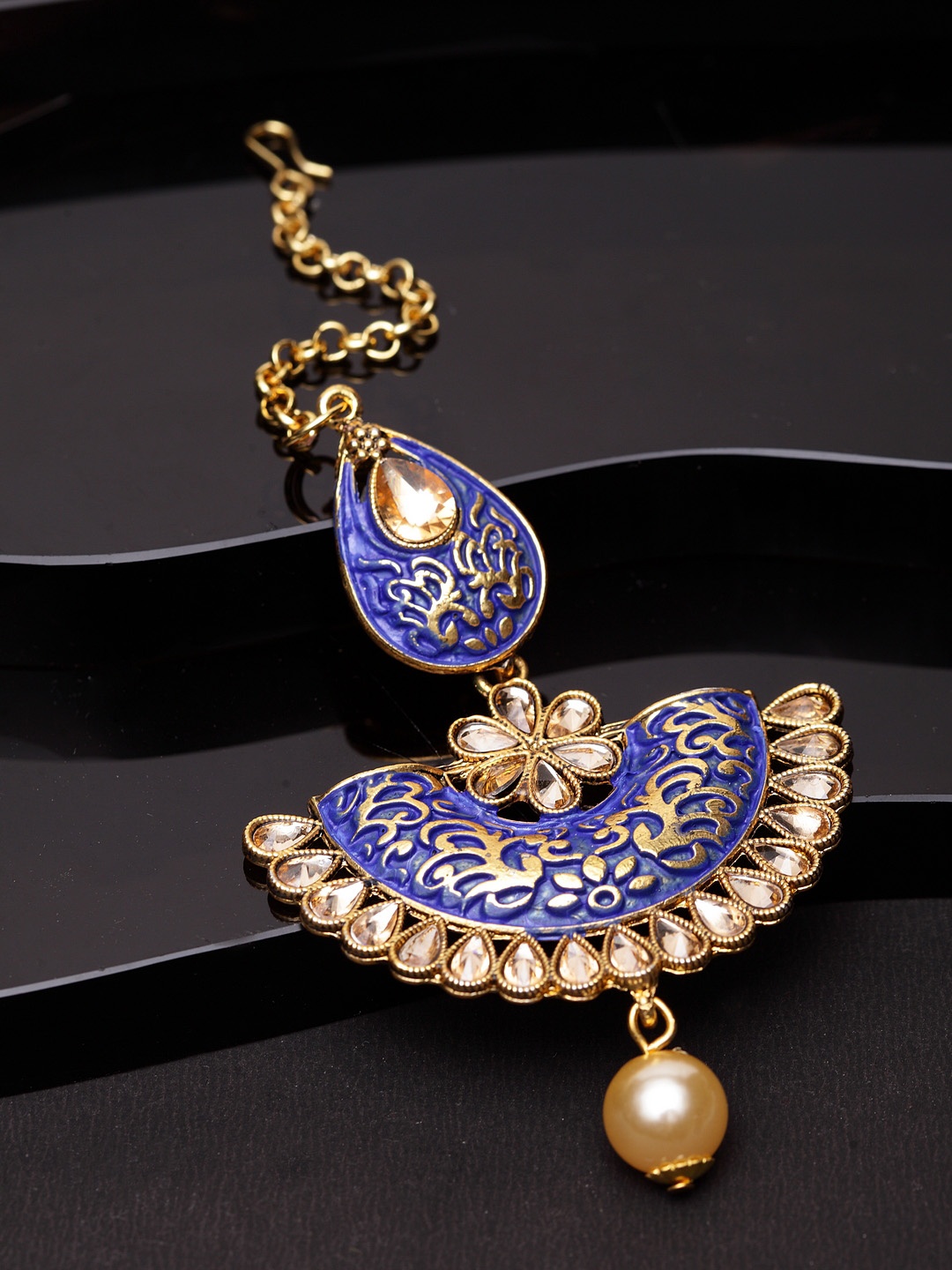 

ANIKAS CREATION Gold-Plated & Blue Enamelled Hand-Painted Maang Tika