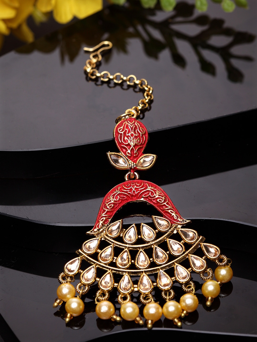 

ANIKAS CREATION Gold-Plated & Red Stone Studded Enameled Hand Painted Traditional Maang Tikka