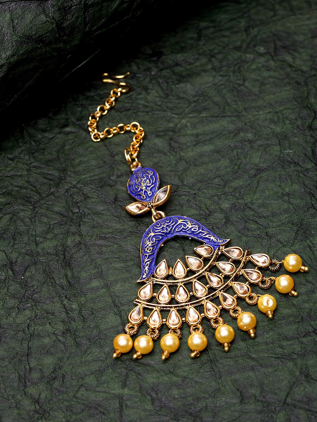 

ANIKAS CREATION Gold-Plated & Blue Stone Studded Enameled Hand Painted Traditional Maang Tikka