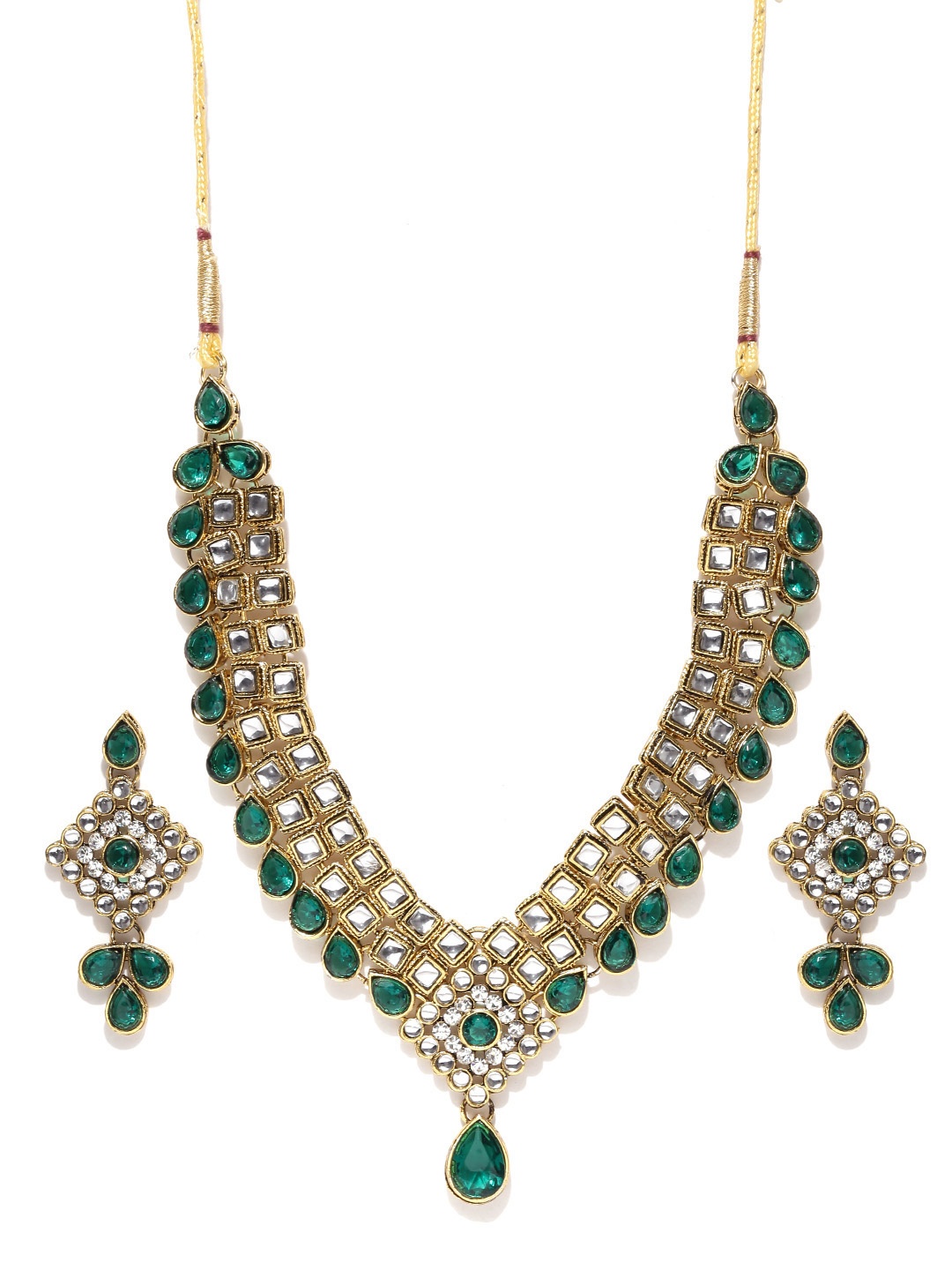 

Zaveri Pearls Gold-Plated Green & White Stone-Studded Antique Jewellery Set