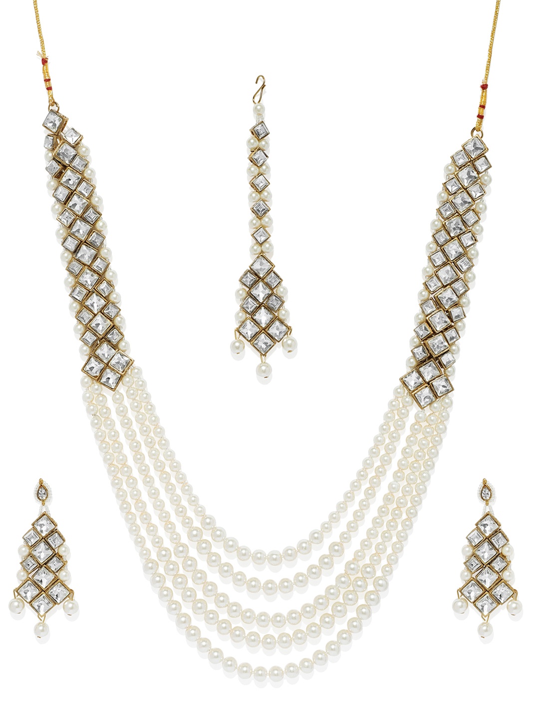 

Zaveri Pearls Women Gold-Plated & White Pearl Studded Layered Antique Jewellery Set