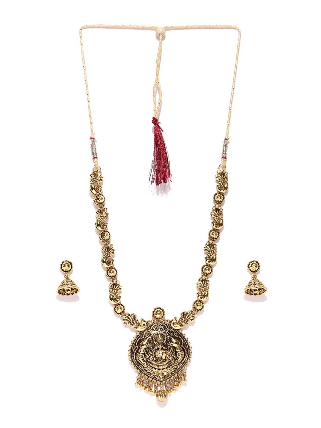 

Zaveri Pearls Gold-Plated Temple & Peacock Inspired Antique Jewellery Set