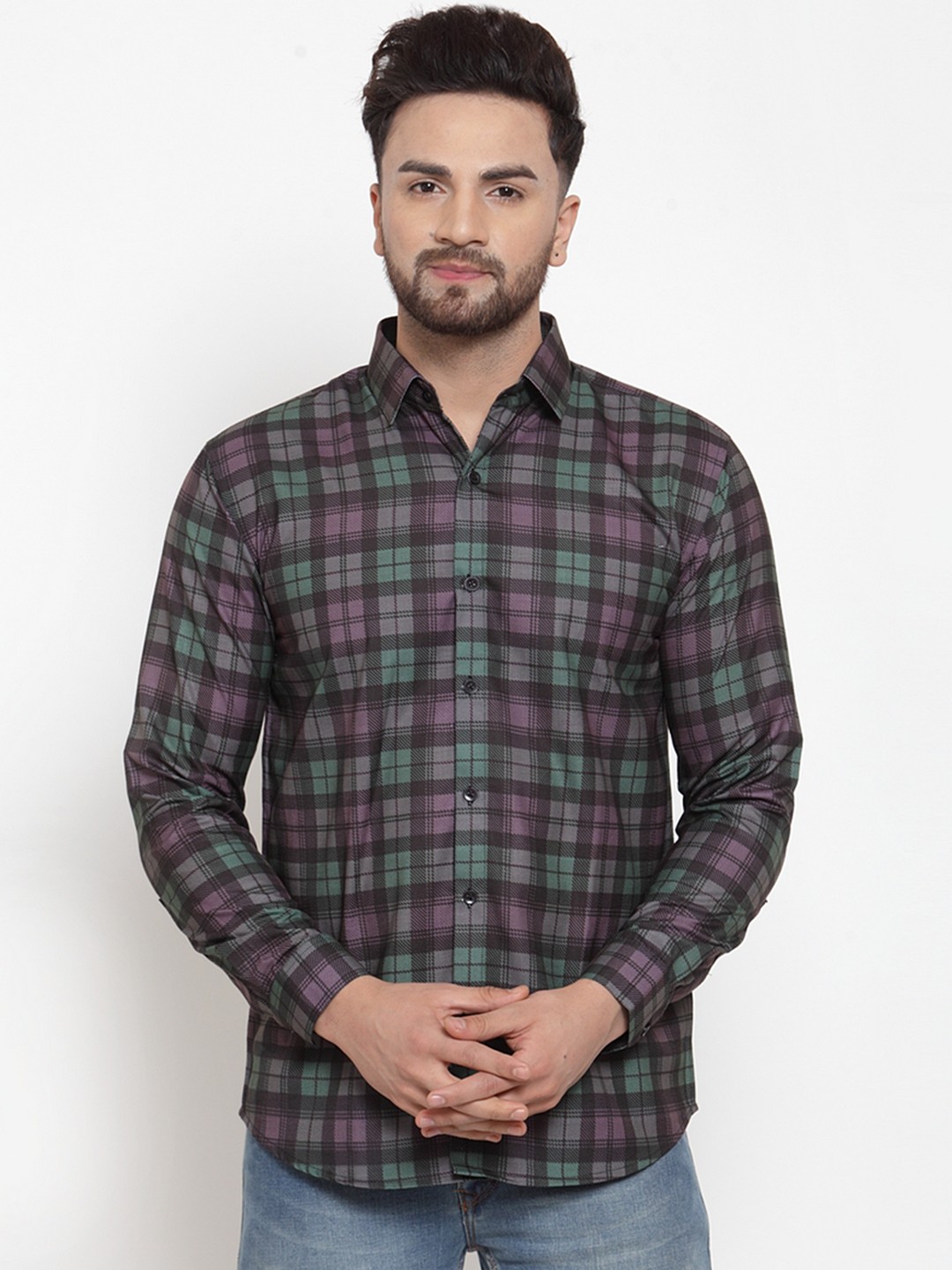 

JAINISH Men Green & Pink Regular Fit Checked Casual Shirt