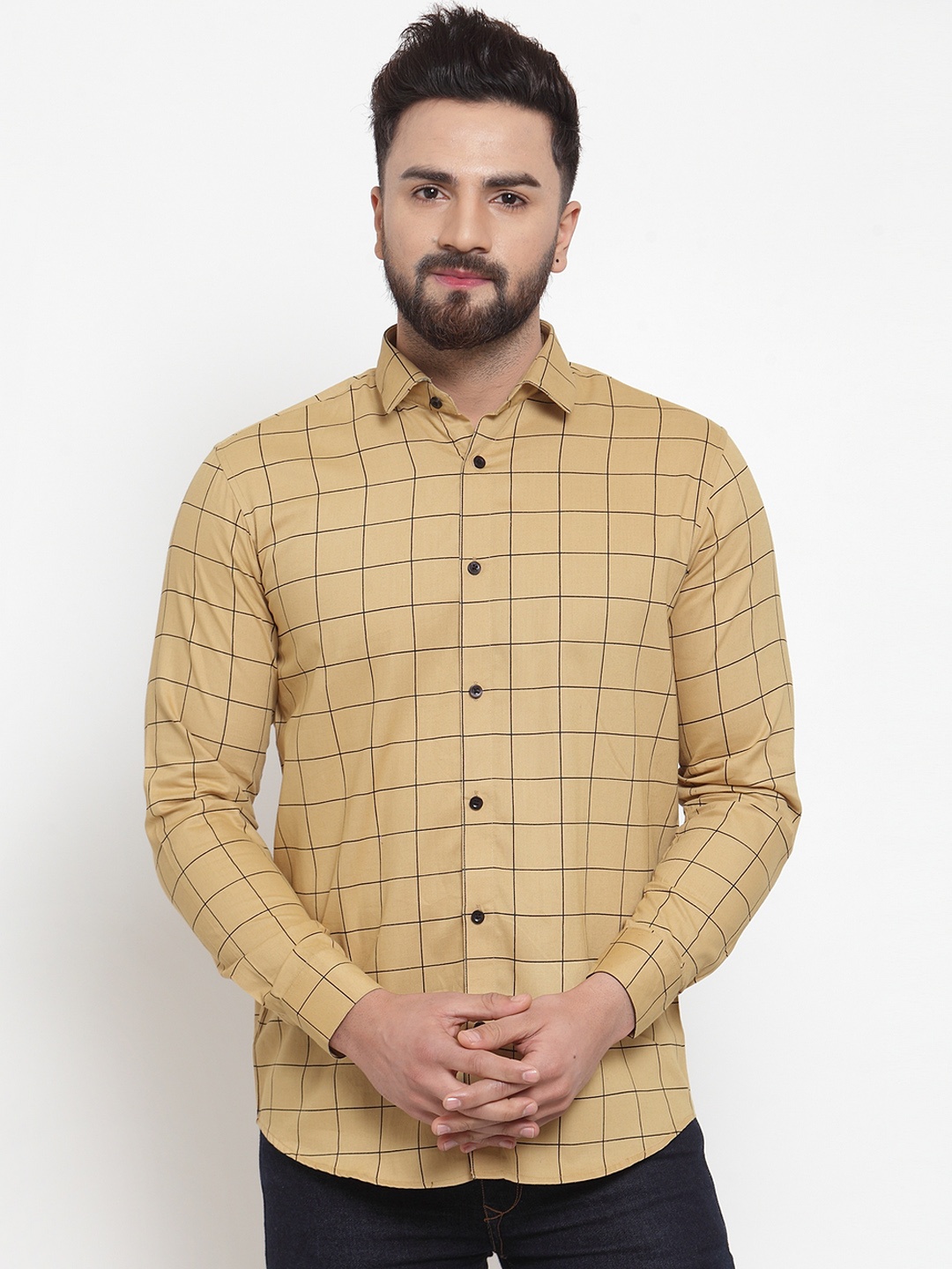 

JAINISH Men Beige & Black Regular Fit Checked Casual Shirt