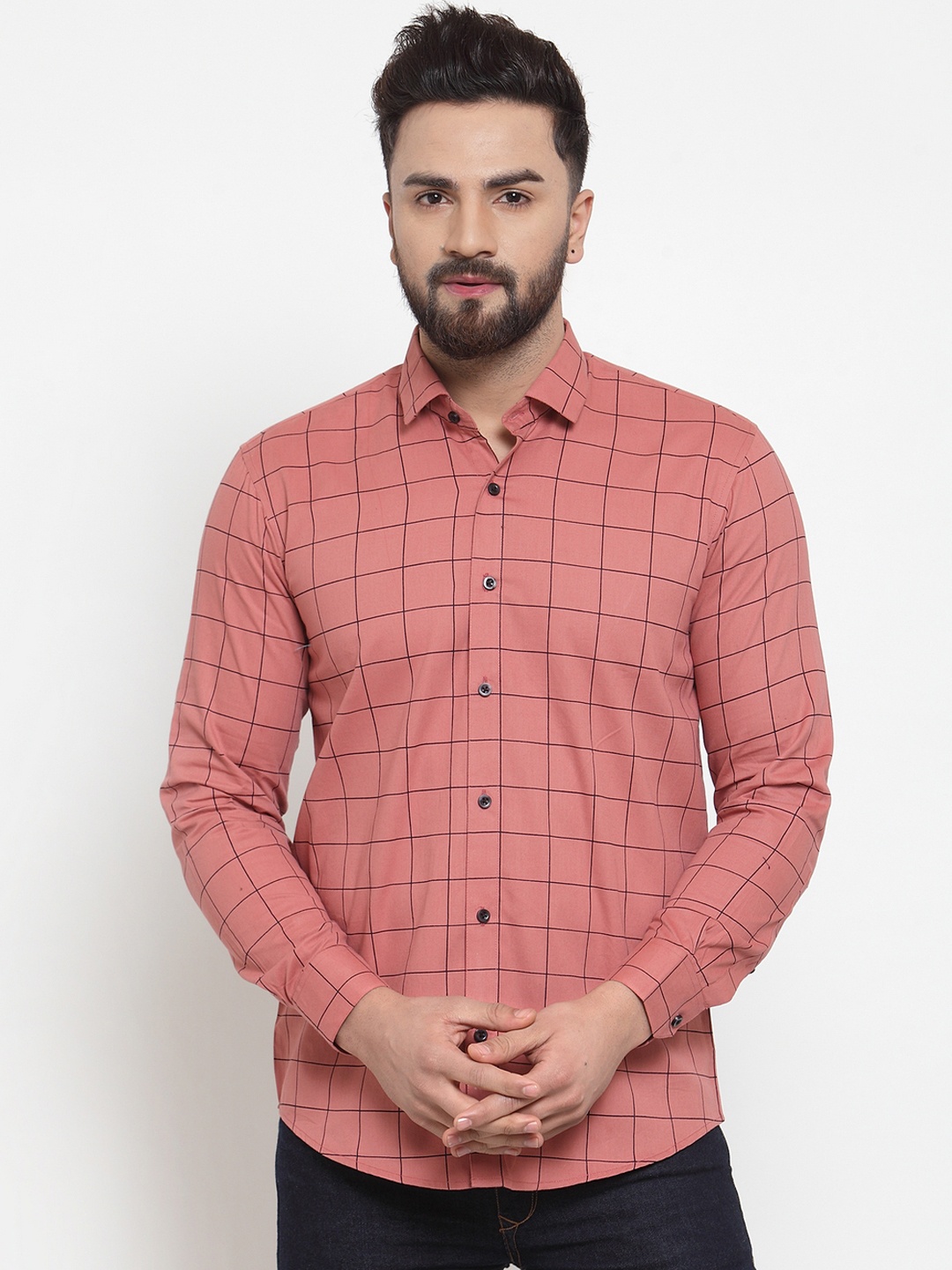 

JAINISH Men Peach-Coloured & Black Regular Fit Checked Casual Shirt