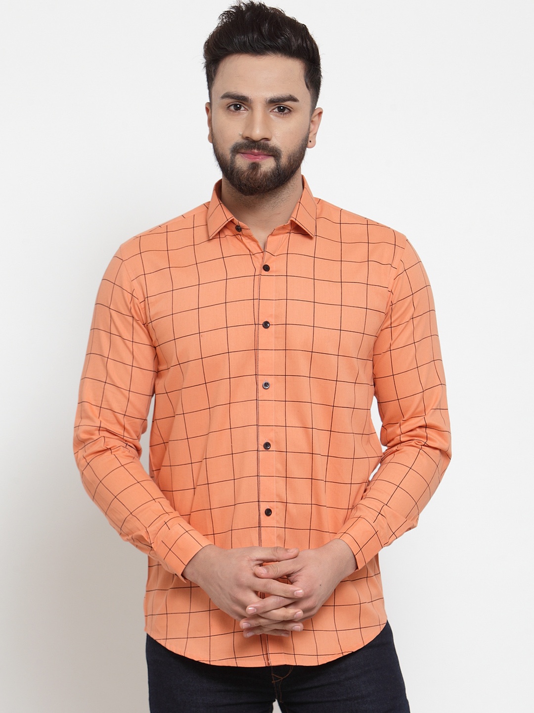 

JAINISH Men Orange & Black Regular Fit Checked Casual Shirt