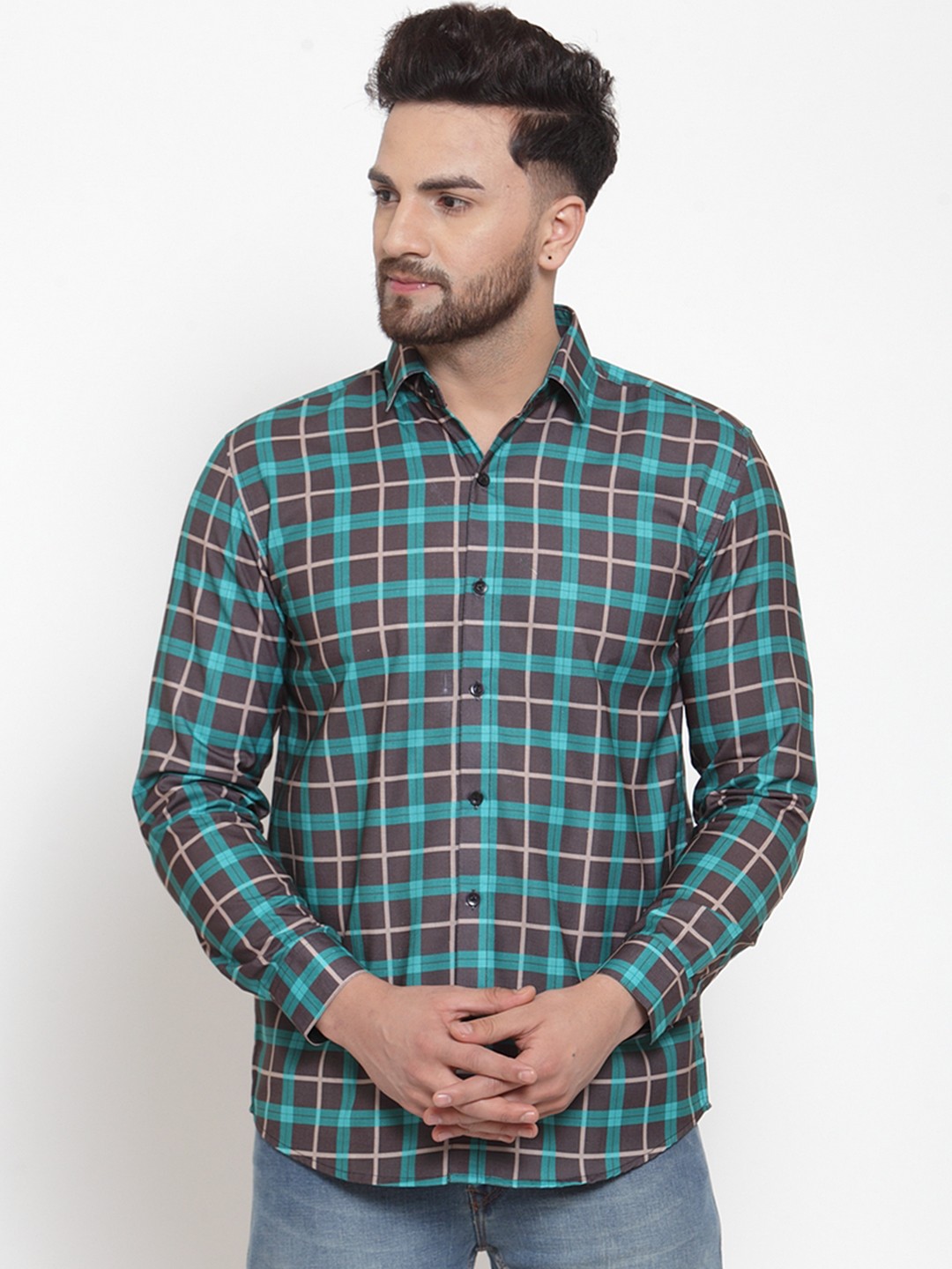 

JAINISH Men Charcoal Grey & Sea Green Regular Fit Checked Casual Shirt