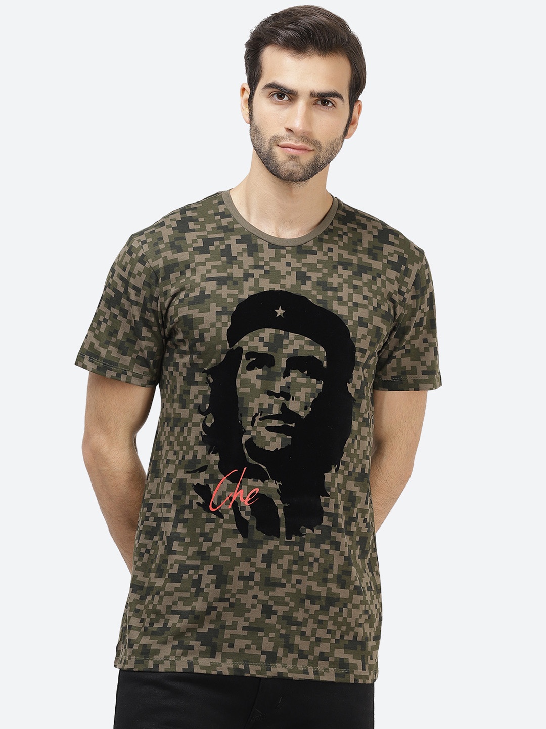 

Free Authority Men Olive Green Che Guevara Printed Round Neck Pure Cotton T-shirt