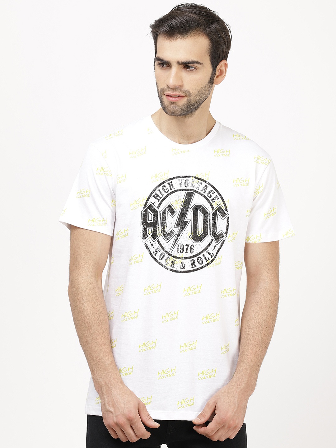 

Free Authority Men White Yellow ACDC Printed Round Neck Pure Cotton T-shirt