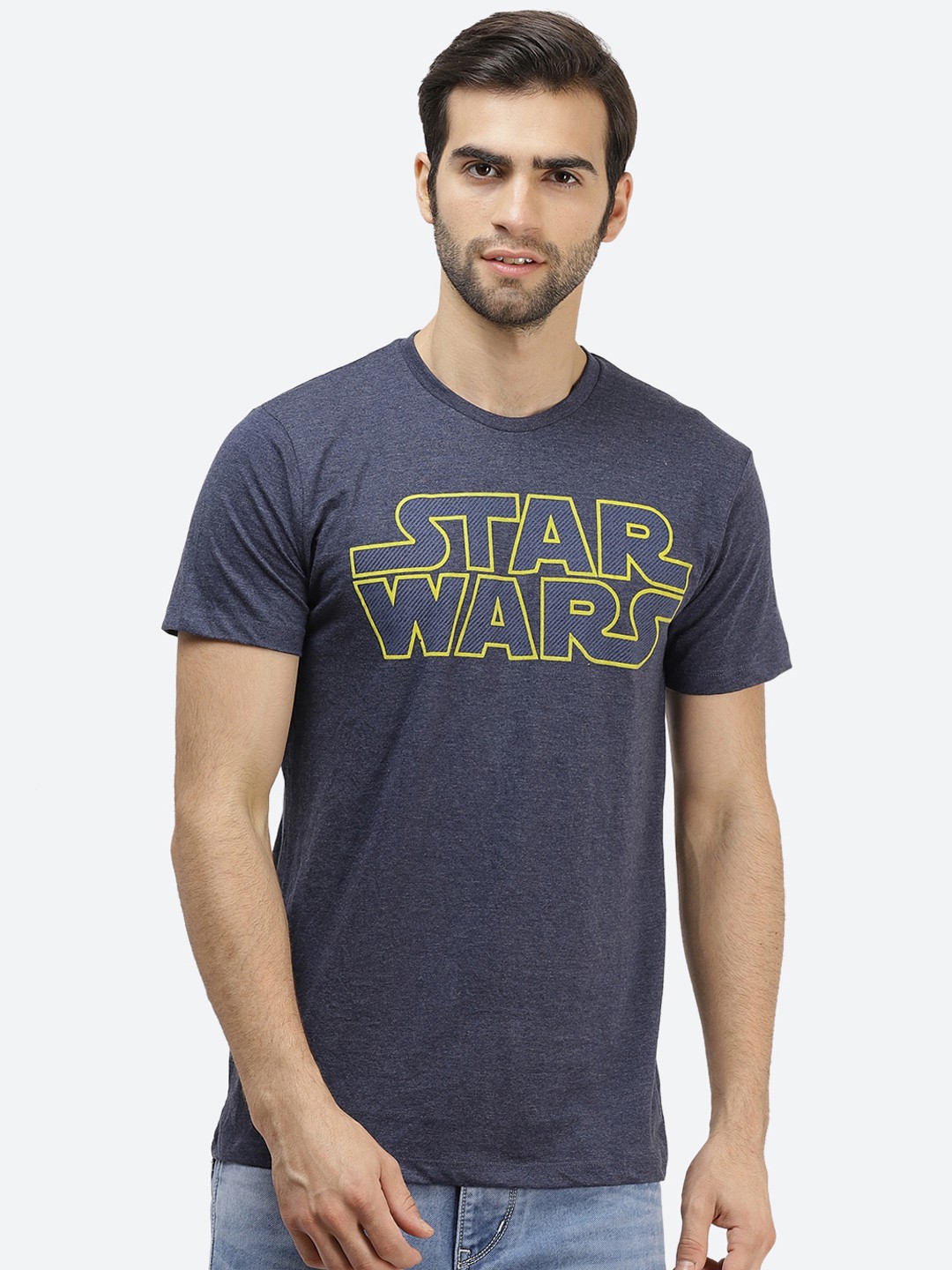 

Free Authority Men Navy Blue Yellow Star Wars Printed Round Neck Pure Cotton T-shirt