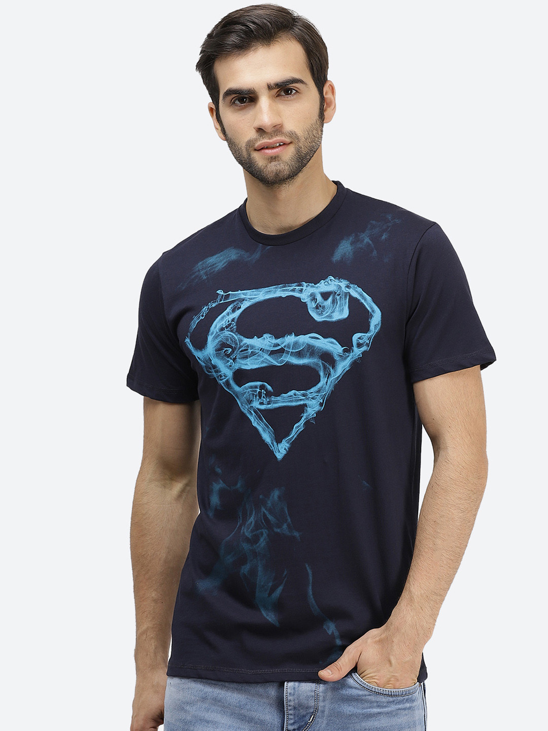 

Free Authority Men Navy Blue Superman Printed Round Neck Pure Cotton T-shirt