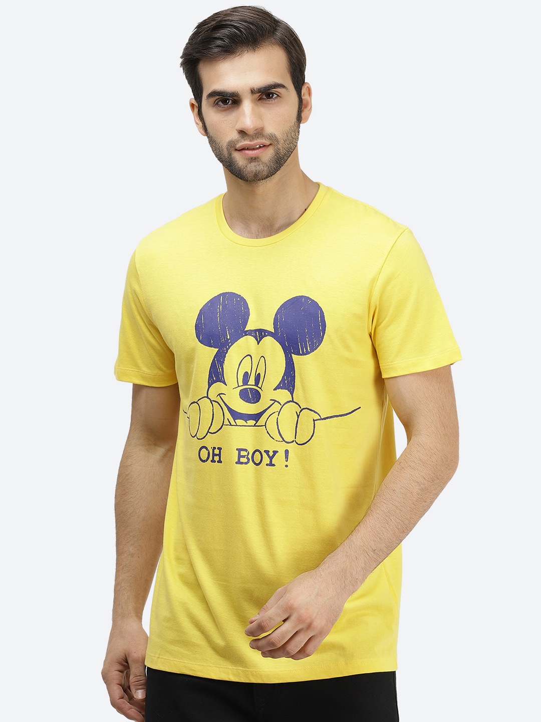 

Free Authority Men Yellow Printed Round Neck Mickey Friends Pure Cotton T-shirt