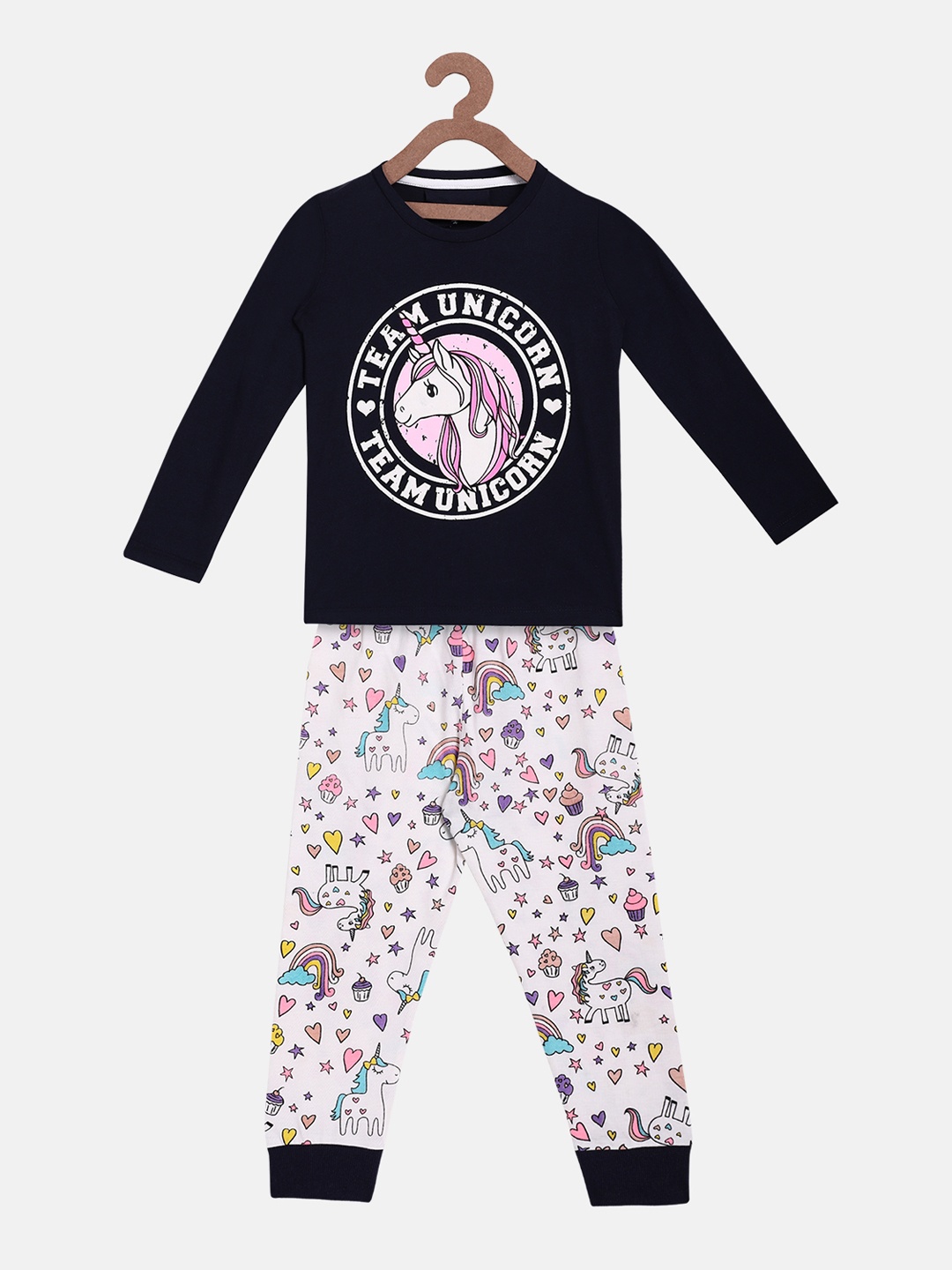 

Lazy Shark Girls Navy Blue & Off-White Unicorn Printed Night Suit