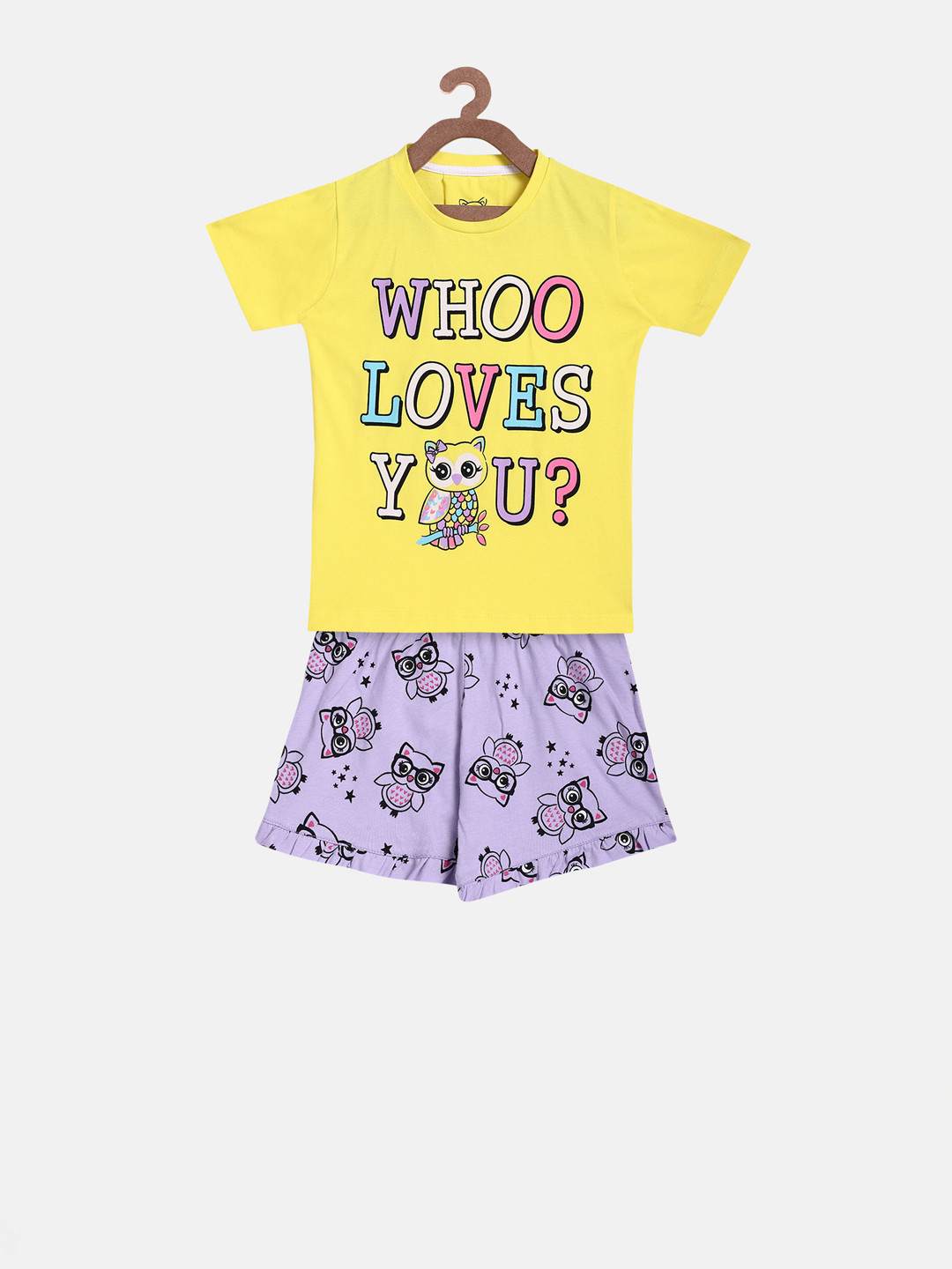 

Lazy Shark Girls Yellow & Purple Printed T-shirt with Shorts