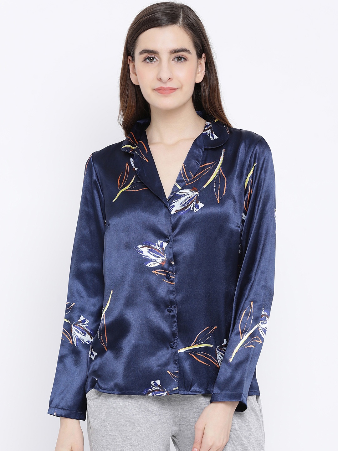 

Oxolloxo Women Navy Blue Printed Shirt Style Top