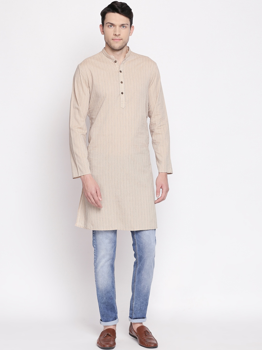 

indus route by Pantaloons Men Beige & Black Striped Straight Kurta