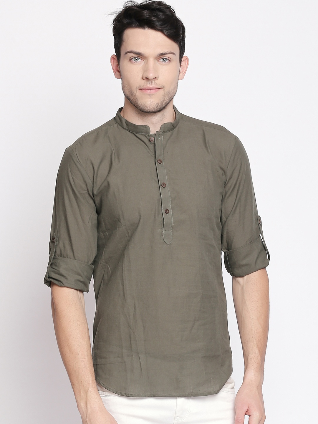 

indus route by Pantaloons Men Olive Green Solid Straight Kurta