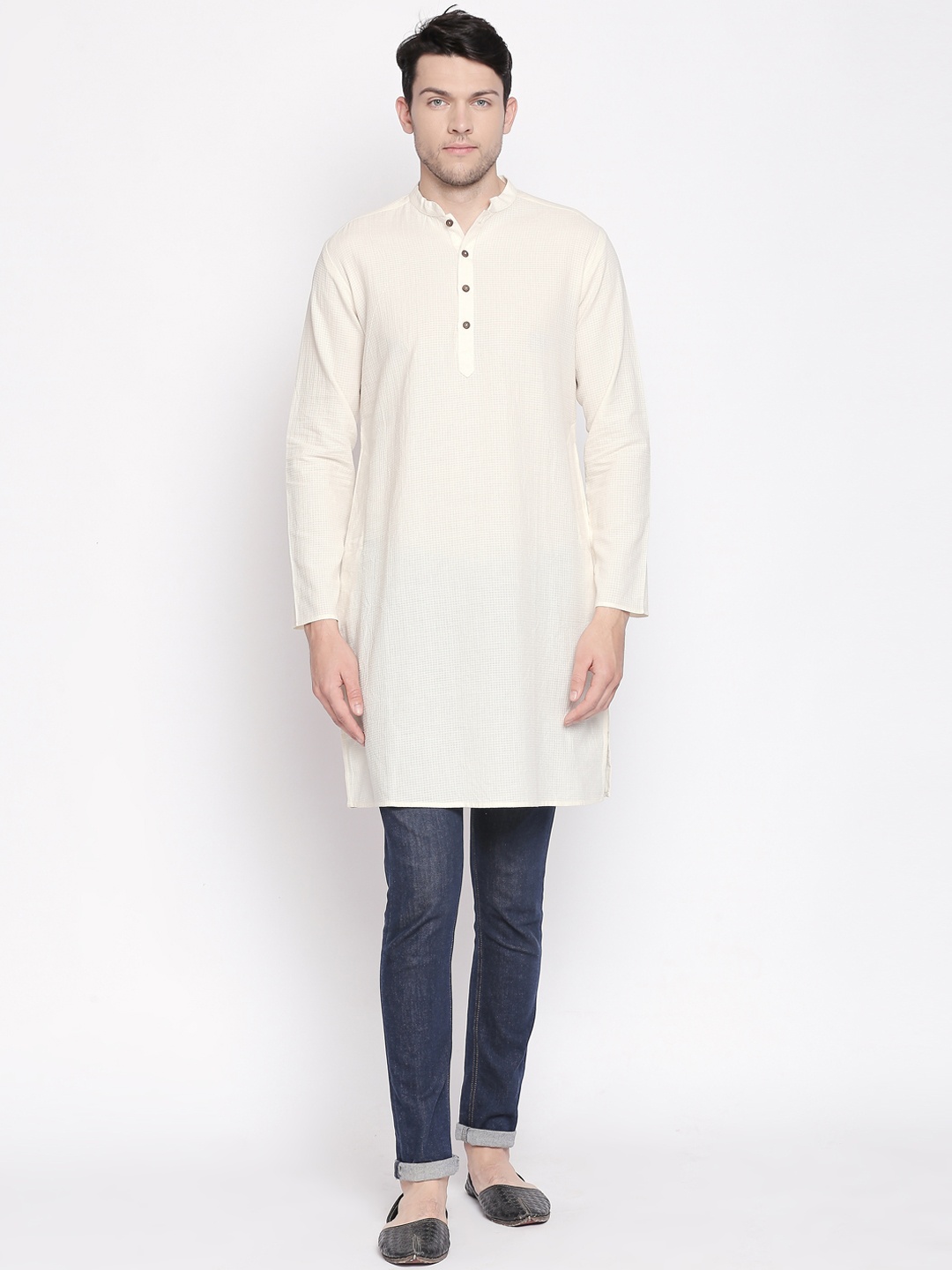 

indus route by Pantaloons Men Off-White Checked Straight Kurta