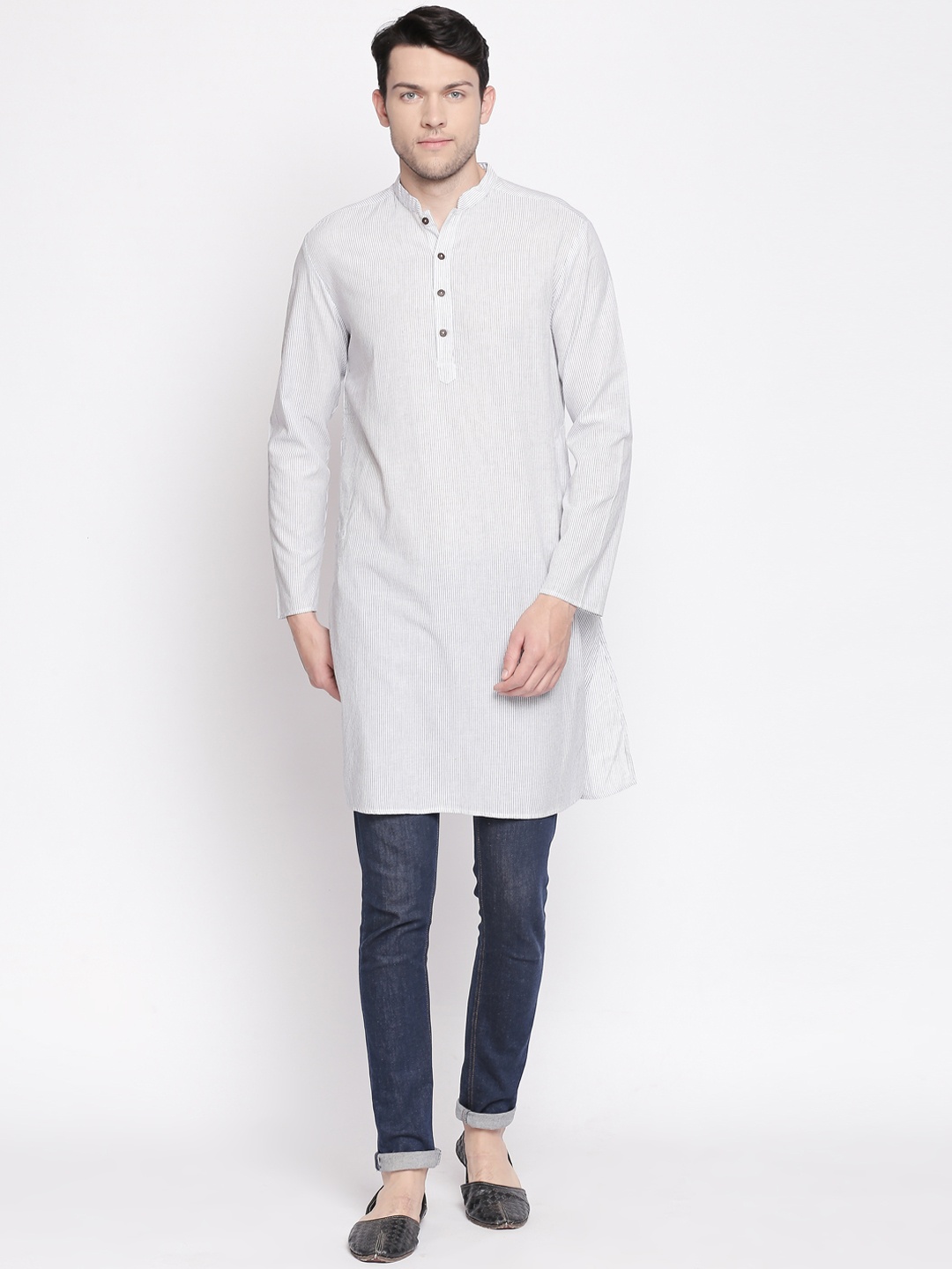 

indus route by Pantaloons Men White & Grey Striped Straight Kurta