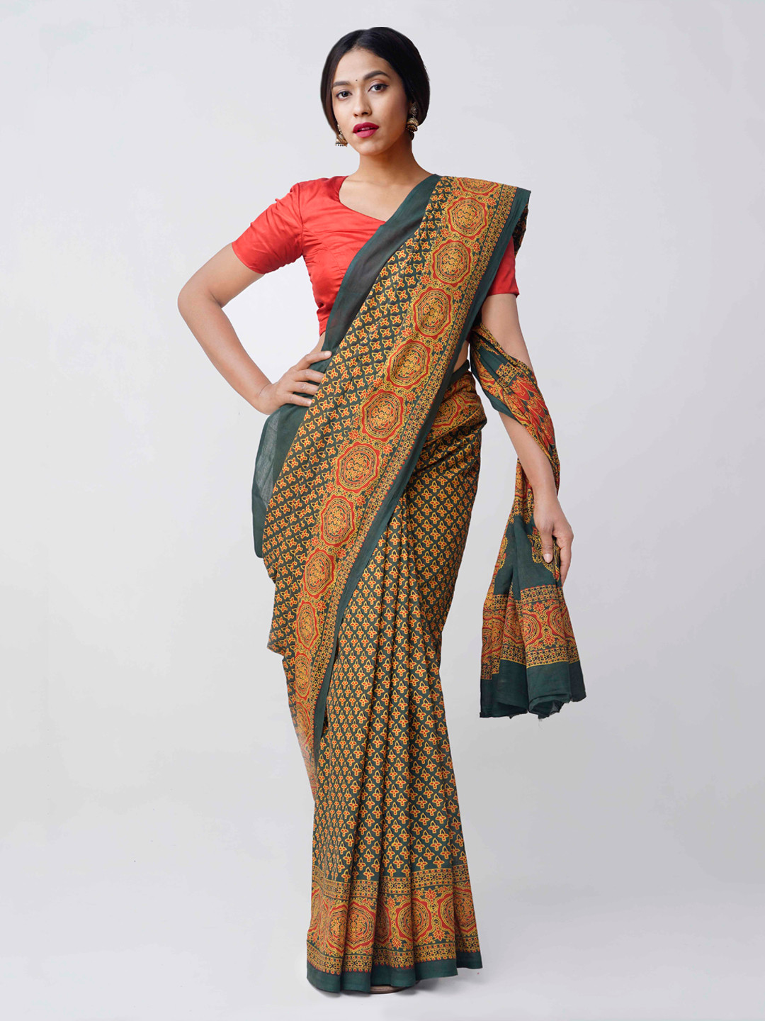 

Unnati Silks Green Ajrak Printed Pure Mulmul Cotton Saree