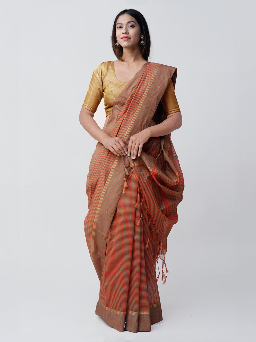 

Unnati Silks Orange & Beige Silk Cotton Striped Chanderi Silk Cotton Saree