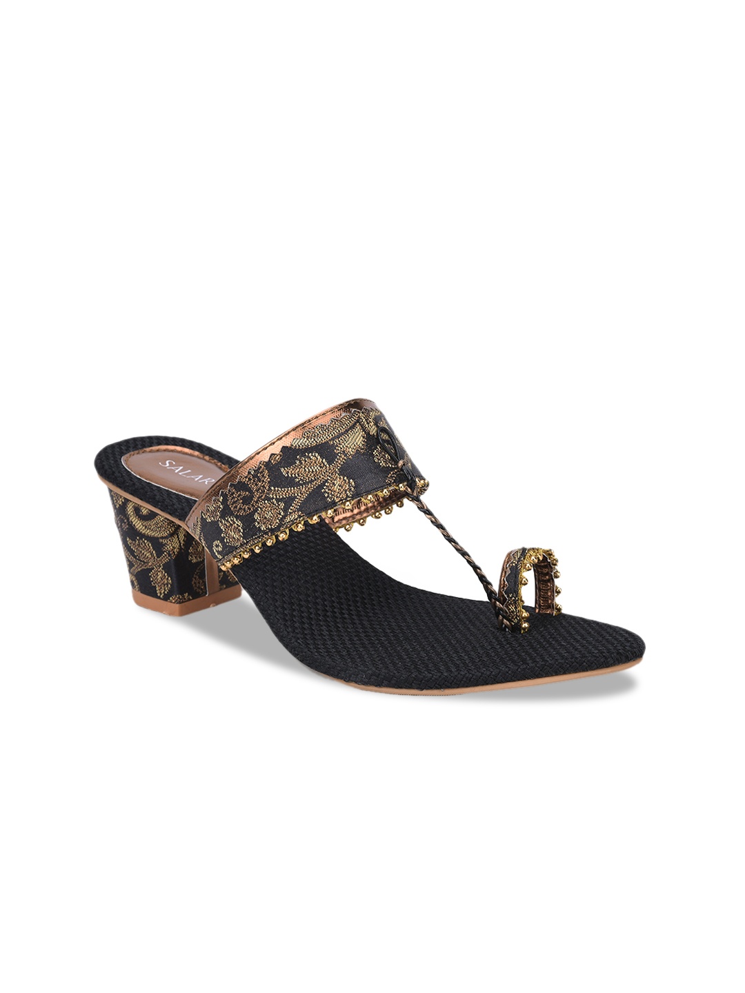 

SALARIO Women Black & Gold-Coloured Woven Design Block Heels