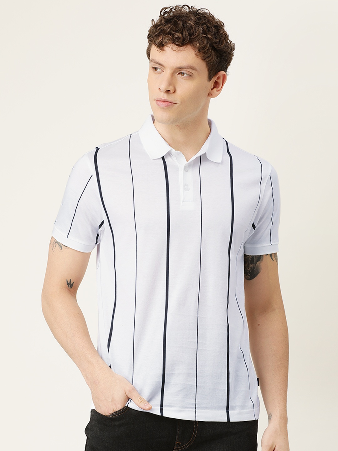 

Flying Machine Men White Black Slim Fit Striped Polo Collar Pure Cotton T-shirt