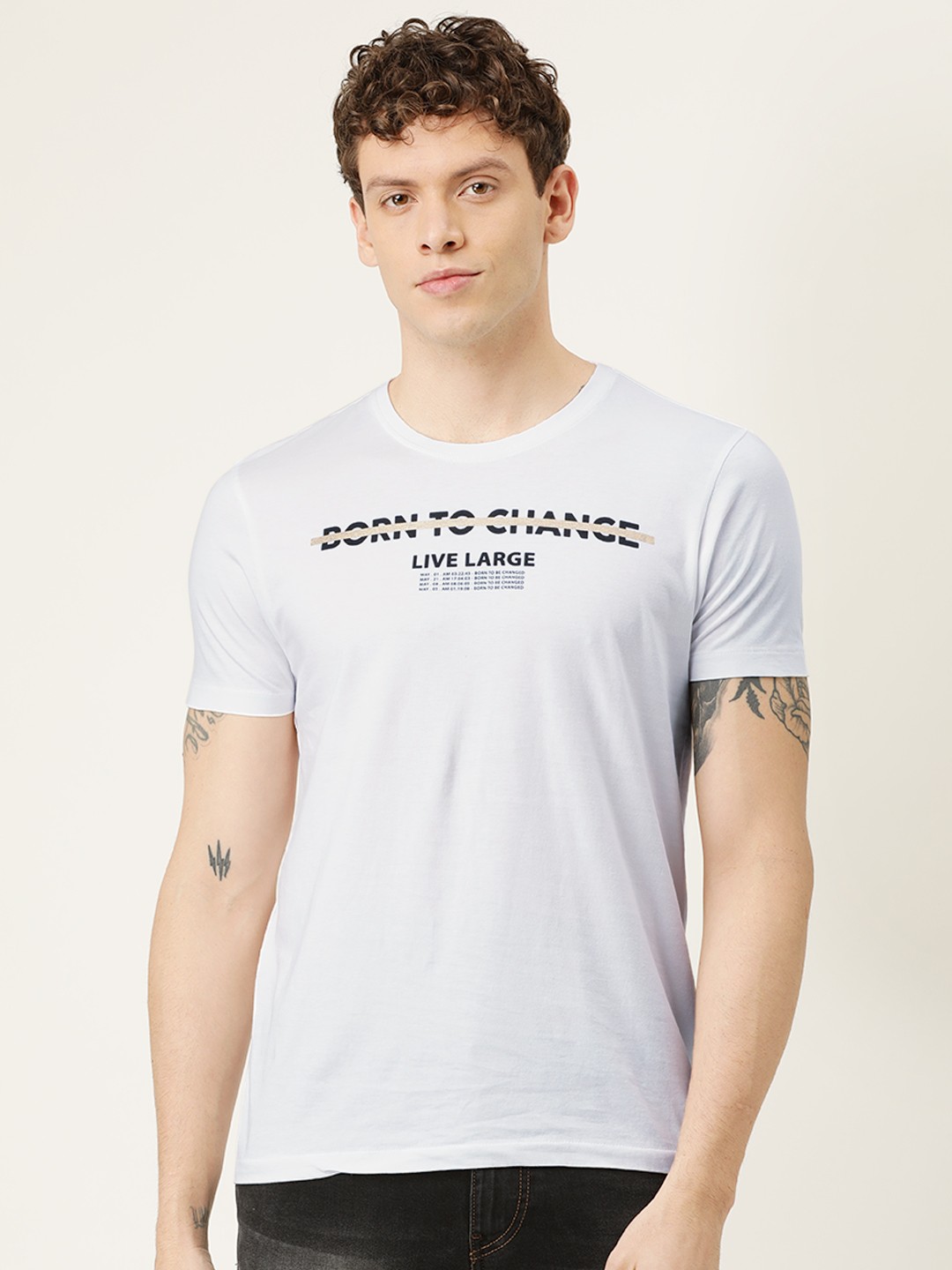 

Flying Machine Men Slim Fit White Printed Round Neck Pure Cotton T-shirt