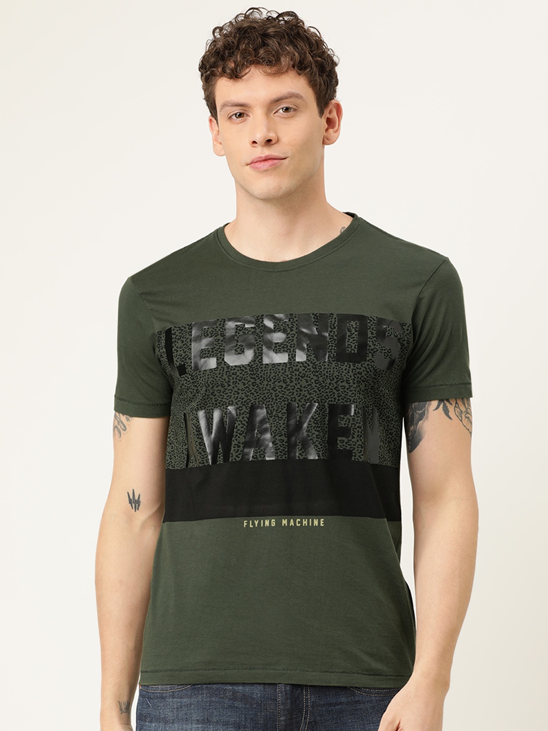 

Flying Machine Men Olive Green Printed Round Neck Pure Cotton T-shirt
