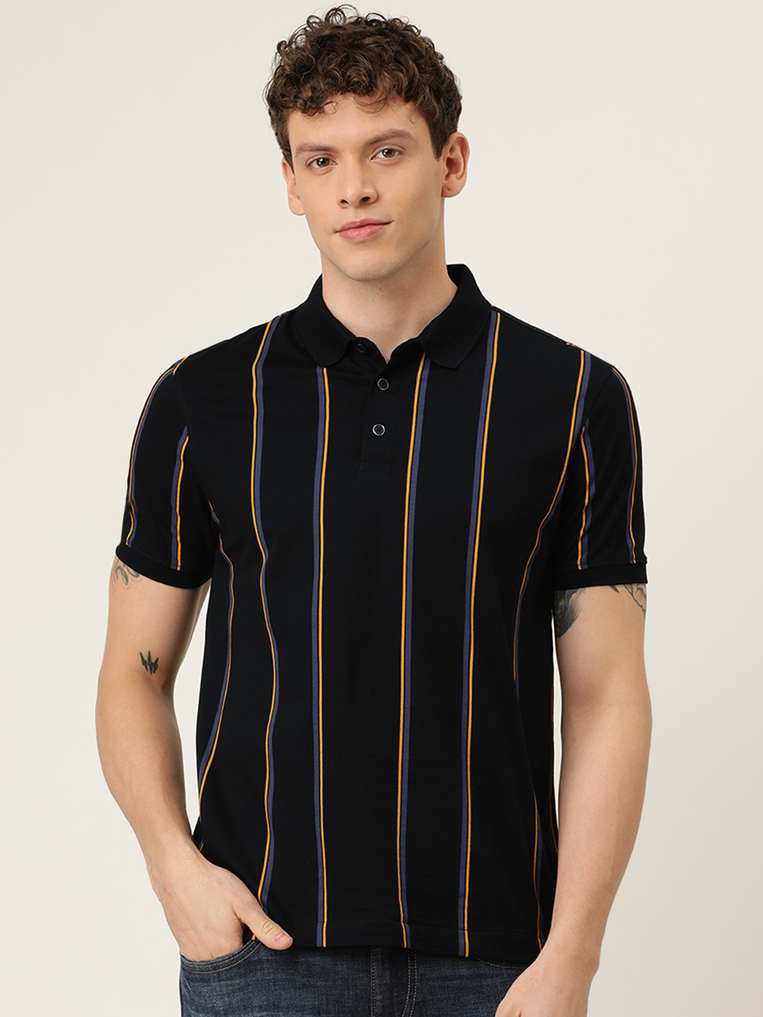 

Flying Machine Men Black Mustard Yellow Striped Polo Collar Pure Cotton T-shirt