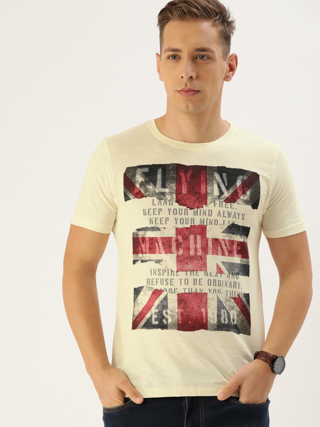 

Flying Machine Men White Printed Round Neck Pure Cotton T-shirt