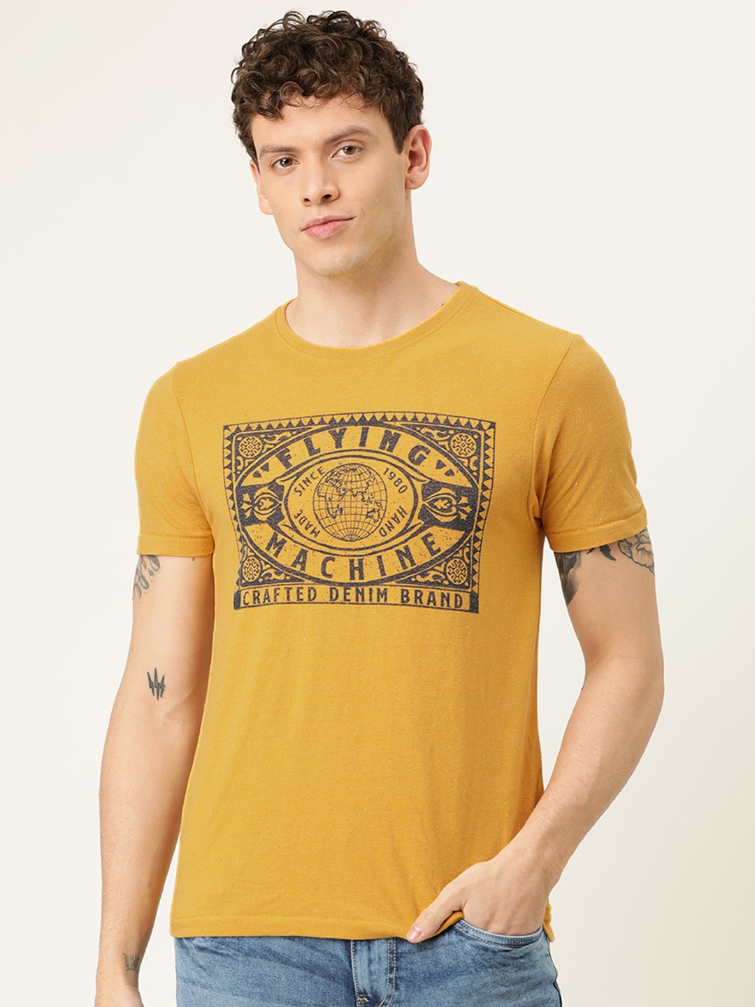 

Flying Machine Men Slim Fit Yellow Printed Round Neck T-shirt