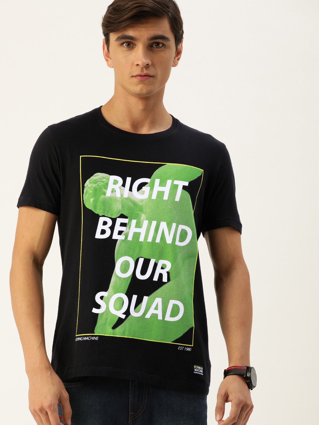 

Flying Machine Men Black Printed Slim Fit Round Neck Pure Cotton T-shirt