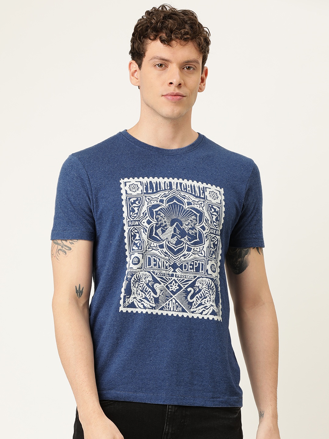 

Flying Machine Men Navy Blue Slim Fit Graphic Printed Round Neck T-shirt