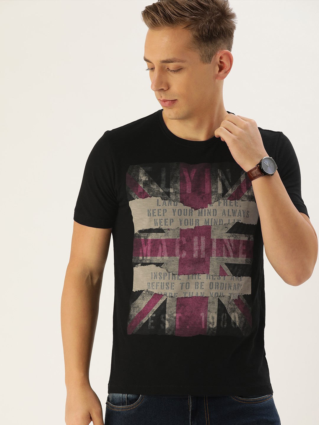 

Flying Machine Men Black Printed Round Neck Pure Cotton T-shirt