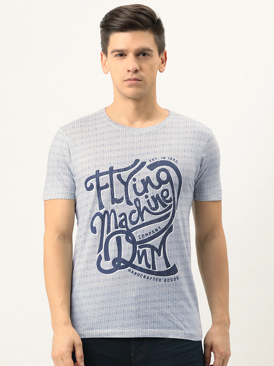 

Flying Machine Men Blue Pure Cotton Striped Slim Fit Pure Cotton T-shirt